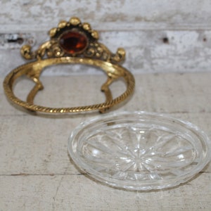 Vintage Ormolu Regency 7-Piece 1960s Vanity Set with Lg Amber Jewel - Hollywood Regency Vanity Set Includes, Tray, Perfume, Glass, Soap Dish image 4