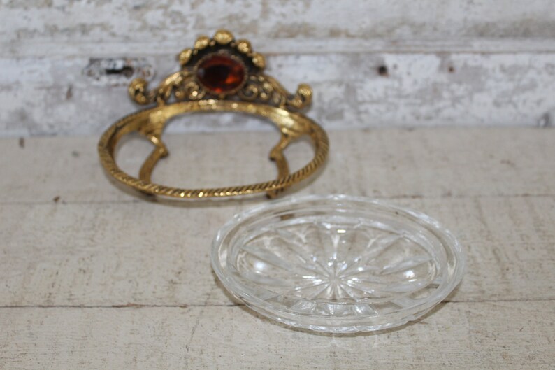 Vintage Ormolu Regency 7-Piece 1960s Vanity Set with Lg Amber Jewel - Hollywood Regency Vanity Set Includes, Tray, Perfume, Glass, Soap Dish image 4