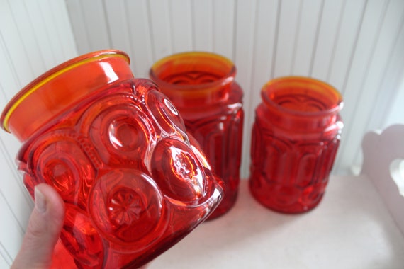 Vintage Red Moon & Star Glass Kitchen Canister Set