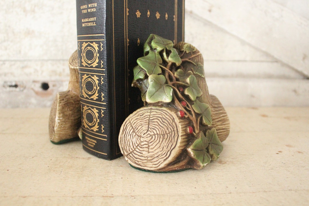 Vintage Chalkware Log & Ivy Bookends 1940s Chalkware Bookends Lodge