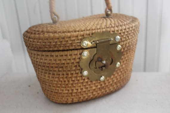 Vintage Chinese Wicker Basket Purse Woven Wicker and Brass Basket