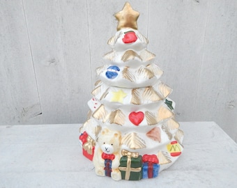 White and Gold Ceramic Christmas Tree Cookie Jar - Mid Century Holiday Kitchen Decoration - Collectible Cookie Jar - Ceramic Christmas Tree