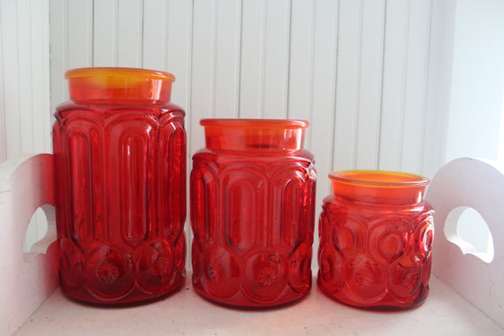 Vintage Red Moon & Star Glass Kitchen Canister Set