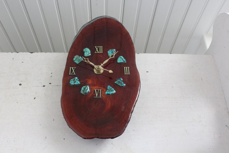 Vintage Juniper Wood Slab Wall Clock With Real Turquoise Etsy