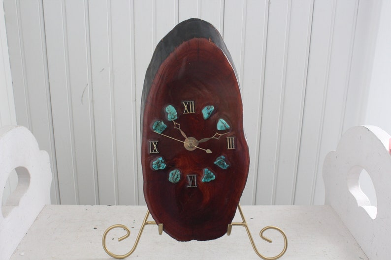 Vintage Juniper Wood Slab Wall Clock With Real Turquoise Etsy