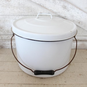Vintage Large White Enamel Cooking Soup Pot with Cover - Original Wire Handle with Wood - 1930s / 1940s Farmhouse White EnamelWare Soup Pot