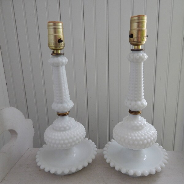 Hobnail Milk Glass Bedside Table Lamps - Pair of Bedroom Reading Lights - Guest Room Decor - Girls Room Lighting - Vintage Milk Glass Lights