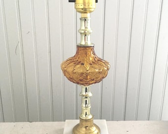 Vintage "Quilted" Amber Glass Accent Lamp - Dresser, Bedroom, Boudoir 1960s Light w/Marble Base - Guest Room, Girl's Room, Nursery Lamp