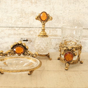 Vintage Ormolu Regency 7-Piece 1960s Vanity Set with Lg Amber Jewel - Hollywood Regency Vanity Set Includes, Tray, Perfume, Glass, Soap Dish image 7