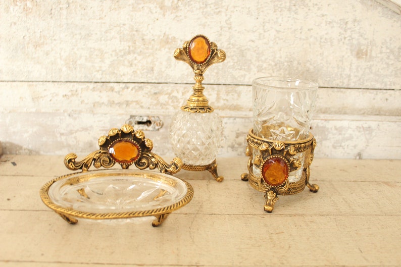 Vintage Ormolu Regency 7-Piece 1960s Vanity Set with Lg Amber Jewel - Hollywood Regency Vanity Set Includes, Tray, Perfume, Glass, Soap Dish image 7