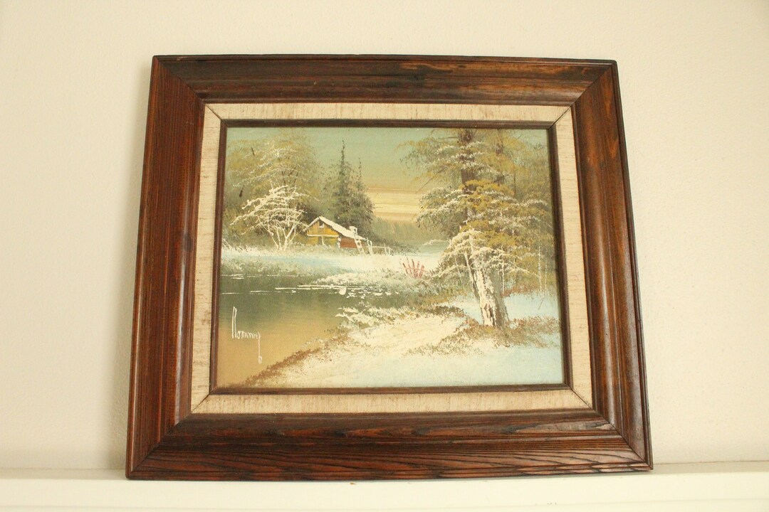 Vintage Original Oil Painting - Winter Cabin in the Woods Oil Painting ...
