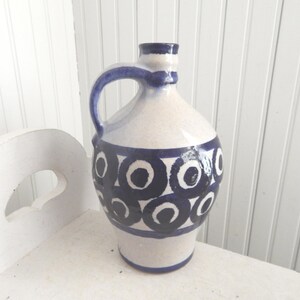 Vintage German Pottery Jug with Handle - Gray Glaze w/Navy Blue  Design - German Art Pottery Over-the-Shoulder Jug - Mid Century Modern Art