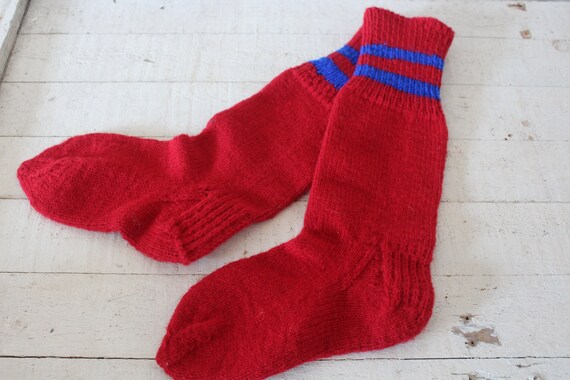 Vintage Hand Knit Red Wool Socks - Mid Century Hu… - image 2