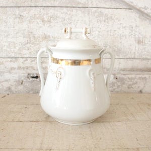 White Ironstone Covered Biscuit Jar with Gold Gilt Detailing - Made 1920s - 1940s - White Porcelain Biscuit Jar w/ Hand Painted Gold Accents