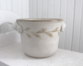 Vintage Hand Turned Studio Pottery Planter - Signed Art Pottery Planter Pot - Taupe Gray Green Leaf Design Studio Pottery - Modern Pottery