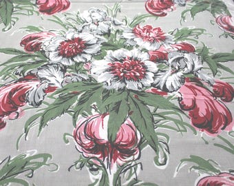Vintage 1940s/1950s Floral Bark Cloth - 5.1 Yards - Les Joli Fleurs Handprint - A Peggy Joubert Design - Lg Pattern of Pink Flowers on Gray