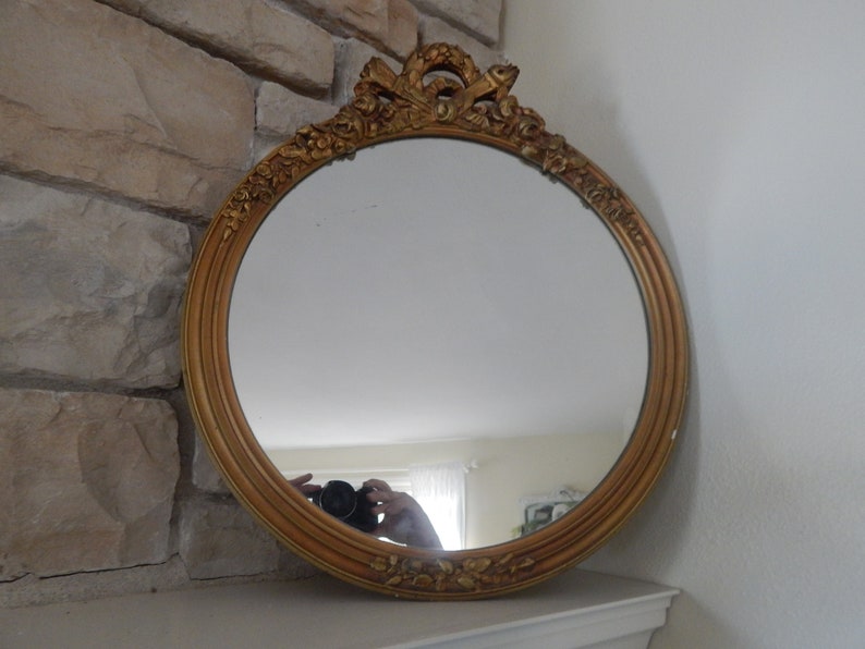Antique Gold Round Wood Mirror W Ribbon Rose Gesso Detail Shabby Chic Hall Vanity Or Dressing
