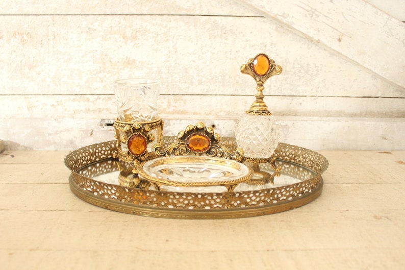 Vintage Ormolu Regency 7-Piece 1960s Vanity Set with Lg Amber Jewel - Hollywood Regency Vanity Set Includes, Tray, Perfume, Glass, Soap Dish image 1