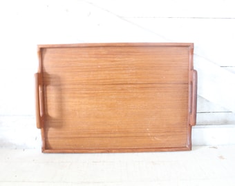 Mid Century Modern Teak Wood Serving Tray - Scandinavian Teak Plywood Serving Tray with Two Handles - 1960s Mid Century Modern Serving Tray