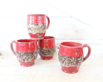 Vintage Studio Pottery Hand Thrown Mugs / Steins - Set of Four Handmade Pottery Mugs - Red / Brown Hand Thrown Pottery Mug - Co-Worker Gift