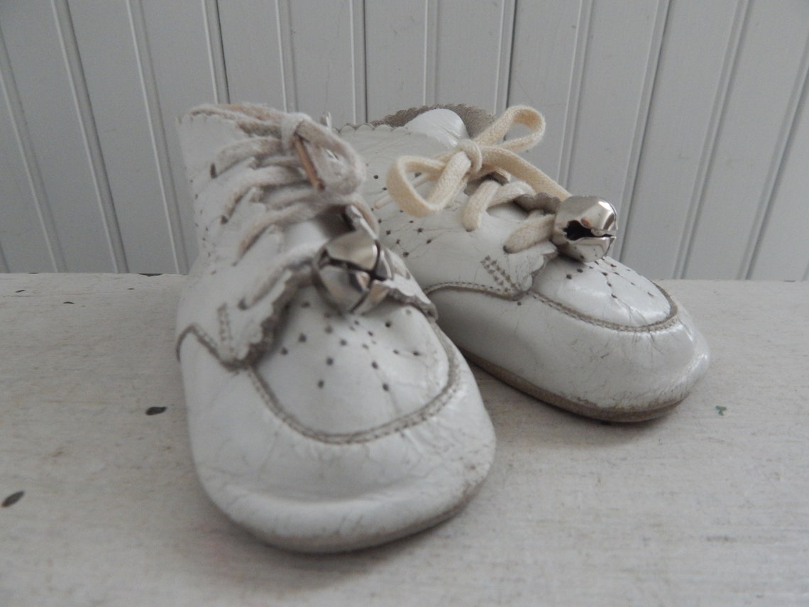 Vintage 1960s Leather Lace Up White Baby Shoes with Bells | Etsy