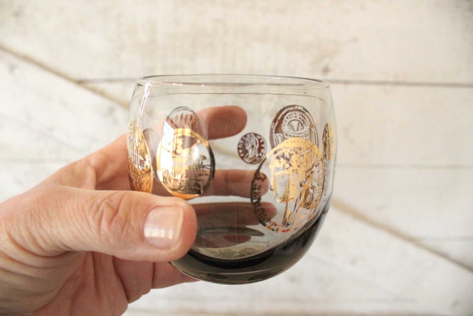 Vintage Gray Smoke Roly Poly Cocktail Set - Gold Greek Coin Cocktail ...