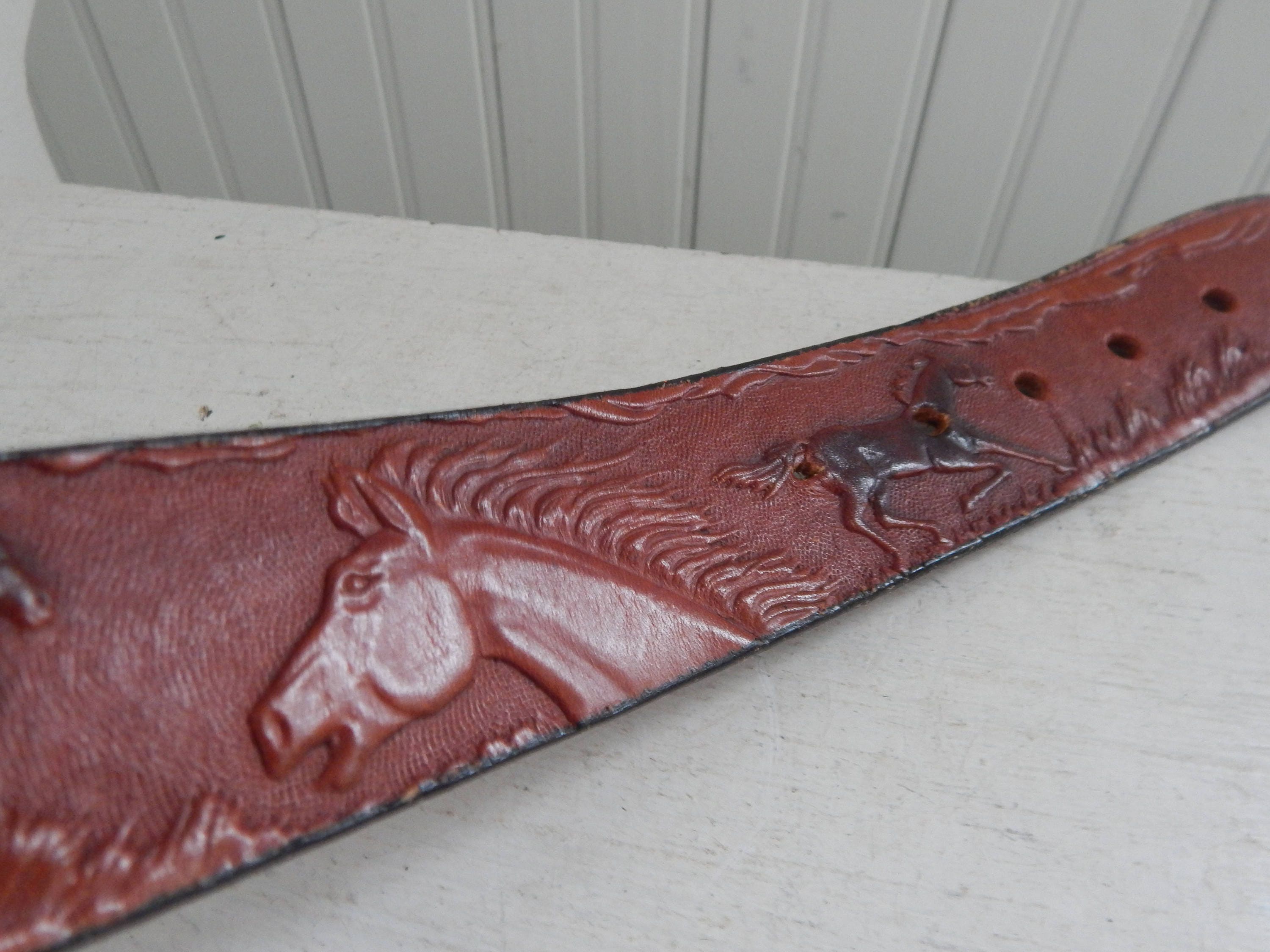 Vintage Erickson Hand-Tooled Leather Western Belt • Horse Motif Size 24 Womens Mens Unisex HORSE LEATHER STAMPED Western Cowgirl  main image 2