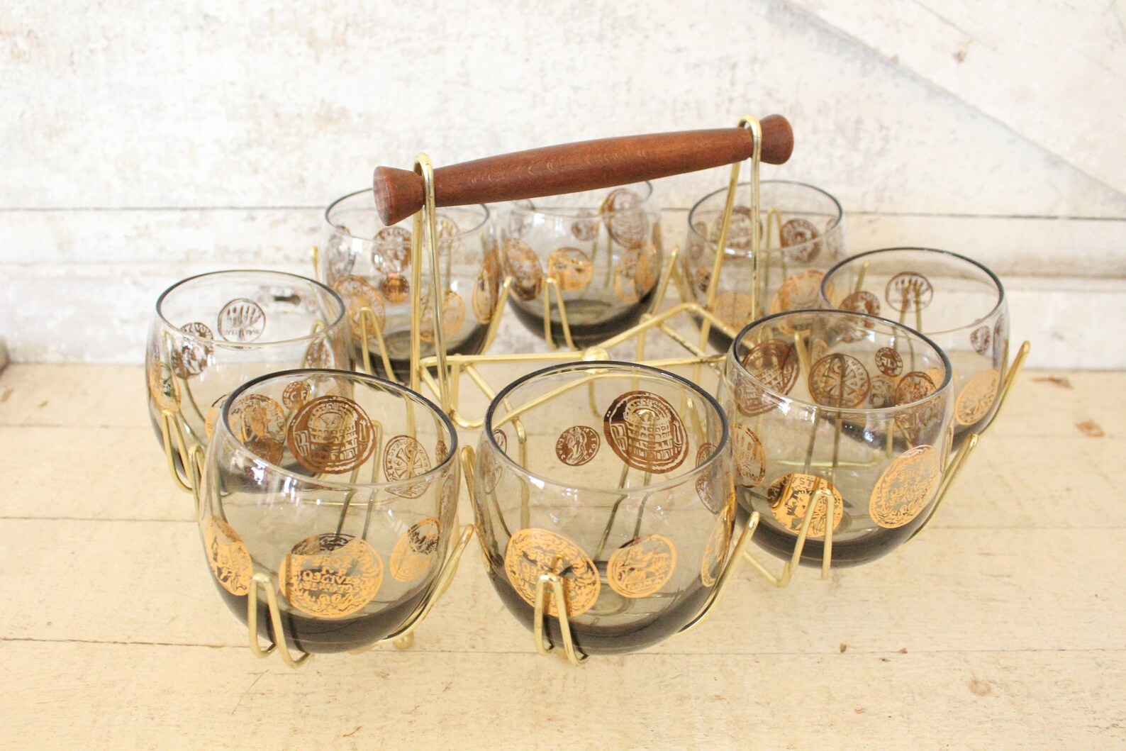 Vintage Gray Smoke Roly Poly Cocktail Set - Gold Greek Coin Cocktail ...