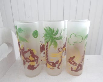 Vintage Tropical Tiki Hut Island Ice Tea / Lemonade / Tom Collins Glass Set - Native Cave Men and Women, Palm Trees, Clubs, Dancing & More