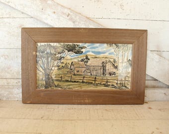 Original Pen and Ink Watercolor Barn Farm Sketch - Vintage Drawing on Art Board - Outsider Artist Unsigned - Rustic Original Country Sketch