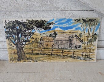 Original Pen and Ink Watercolor Barn Farm Sketch - Vintage Drawing on Art Board - Outsider Artist Unsigned - Rustic Original Country Sketch