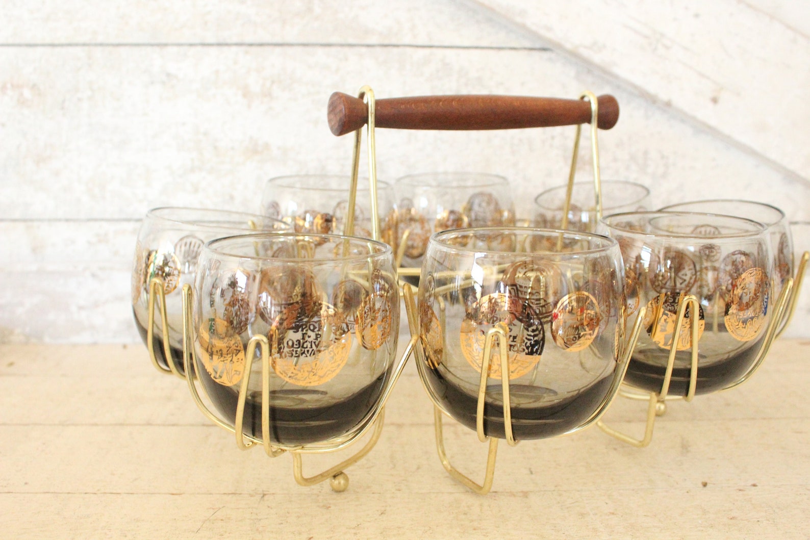 Vintage Gray Smoke Roly Poly Cocktail Set - Gold Greek Coin Cocktail ...