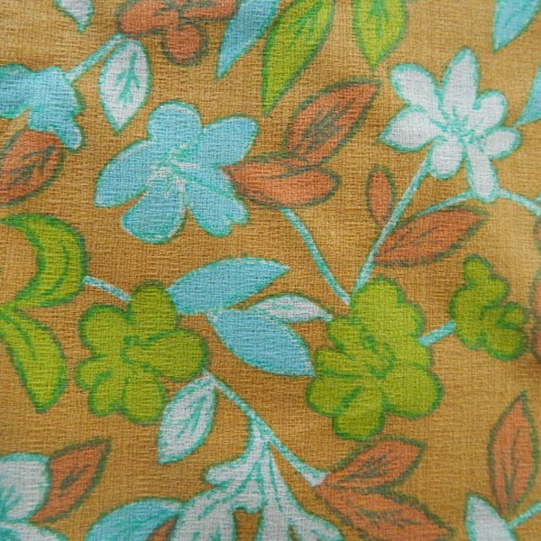 Bold Retro Cotton Print Featuring Teal, Spring Green, Melon, and White Flowers on Orange Background - Vintage 1970s Fabric Remnant Yardage