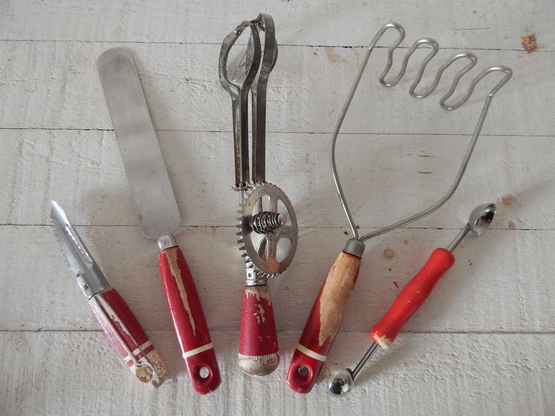 Red Wood Handled Kitchen Utensils Vintage Red Handled Cooking Utensils
