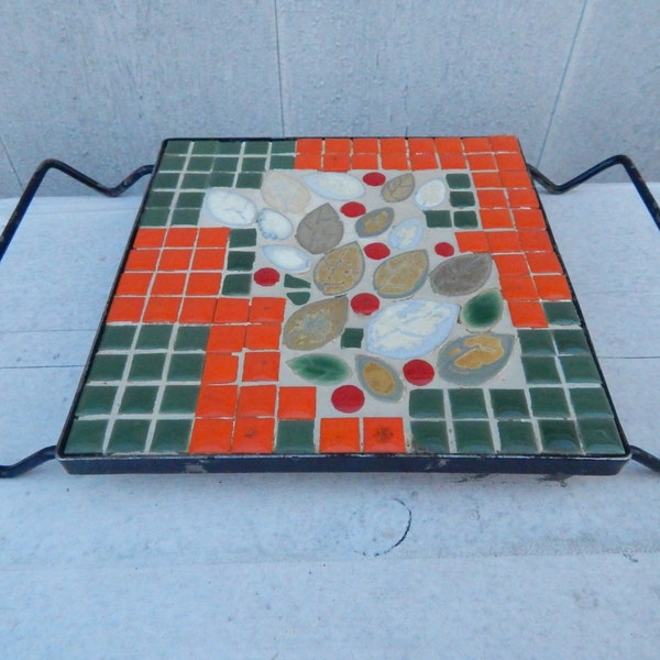 Orange and Green Hand Crafted Mosaic Tile Trivet Hot Plate - Signed by the Artist - Mid Century Modern Mosaic - Modern Kitchen Collecctible