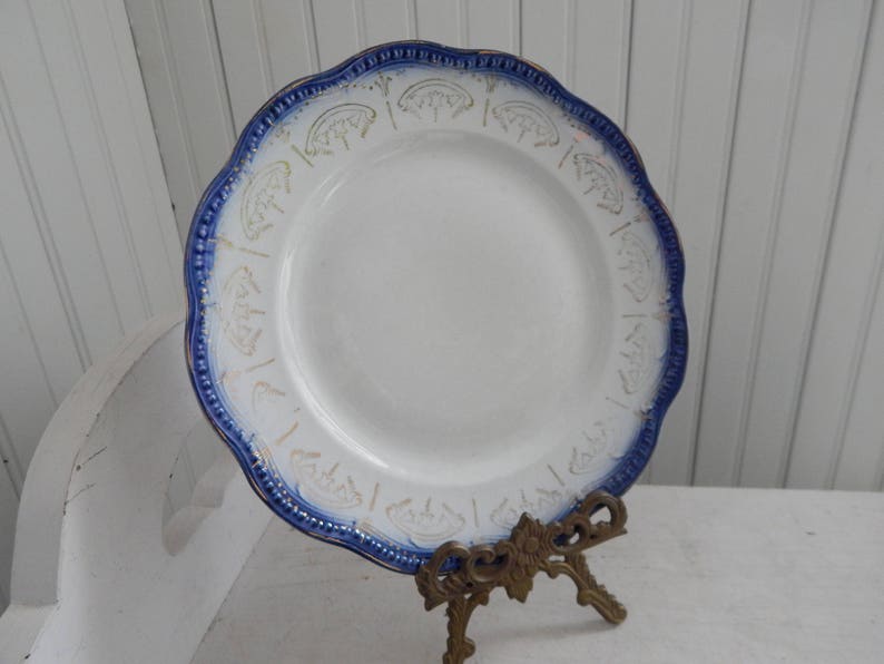 Victorian Era Flow Blue Dinner Plate with Gold Gilt Highlighting Antique Flow Blue Dinner Plate Trenle Royal Underglaze Blue Dinner Ware