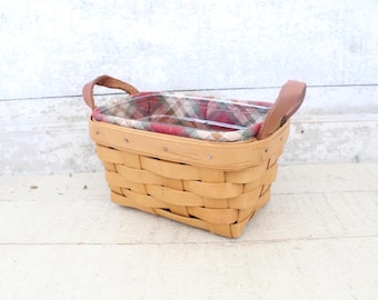 Vintage Longaberger Tea / Key Basket with Leather Handles, Red Plaid Cloth Interior & Plastic Liner - Handcrafted Longaberger Basket, c.2000