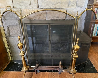 Vintage Hollywood Regency Brass Fireplace Screen & Pair of Matching Andirons - Brass Fireplace Screen and Brass Andirons - Gorgeous Set!