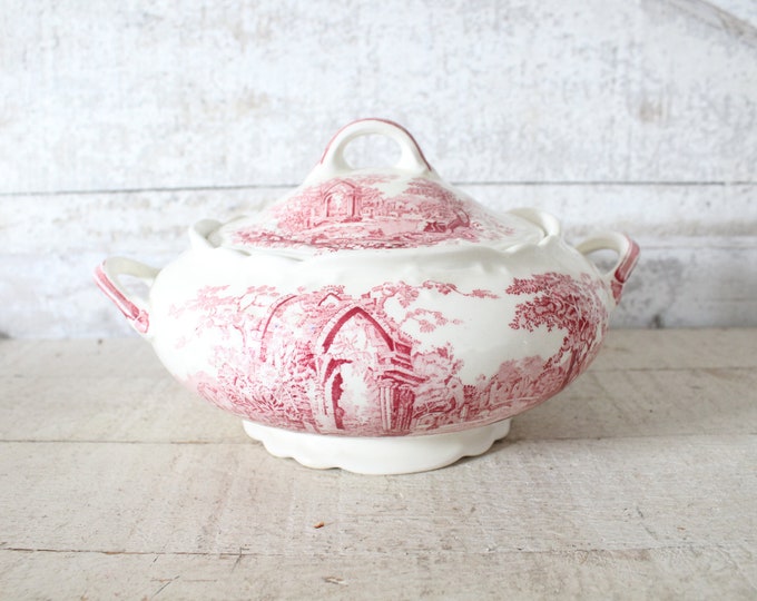 Vintage English Abbey Pink Transferware Casserole Dish W/cover Pink