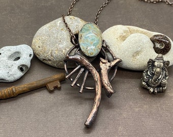 Copper Electroformed Clear Creek Plasma Agate with Otter Rib Bones... w/ an 18” antiqued Copper chain