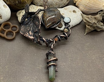 Copper Electroformed Thunder Egg Moss Agate with Moonstone, Opal and an Agate Point.