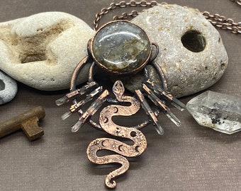 Copper Electroformed Black Goldstone with Natural Quartz Points and a Snake accent