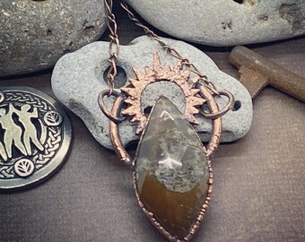 Copper Electroformed Priday Moss Agate with a Copper Sun Burst