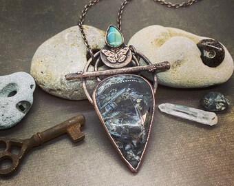 Copper Electroformed Turkish Stick Agate with Labradorite and a Butterfly Accent... w/ an 18” antiqued Copper chain