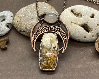 Copper Electroformed North Ridge Plume Agate and Moonstone with a Crescent Moon... w/ a 20” antiqued Copper chain.