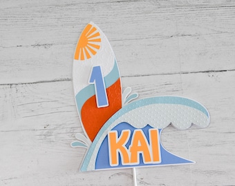 Surf Cake Topper Customized with Name and Age in Retro Beach Colors
