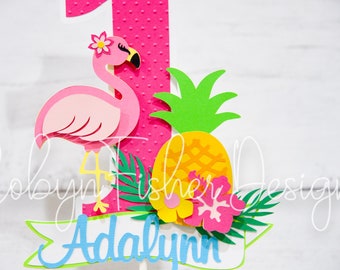 Flamingo and Pineapple Tropical Theme Cake Topper - Customized with Name and Age!