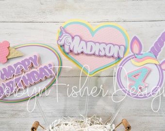 Unicorn 3pc Centerpiece Set!  Customized with Name and Age - Pastel Colors and lots of details!