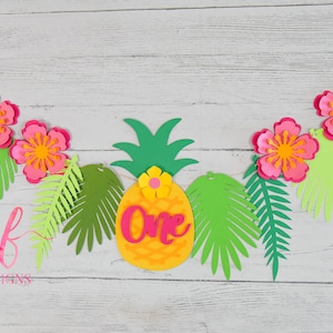 Tropical Luau High Chair Banner - Pineapple and Tropical Leaves customized with Age!  Choice of colors!