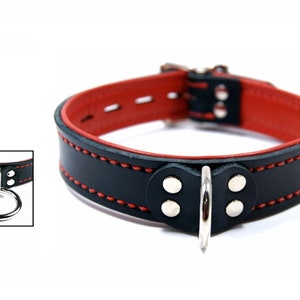Black Leather Collar with Red Lining and Locking Buckle - Choice of Front Piece & Stitching Color